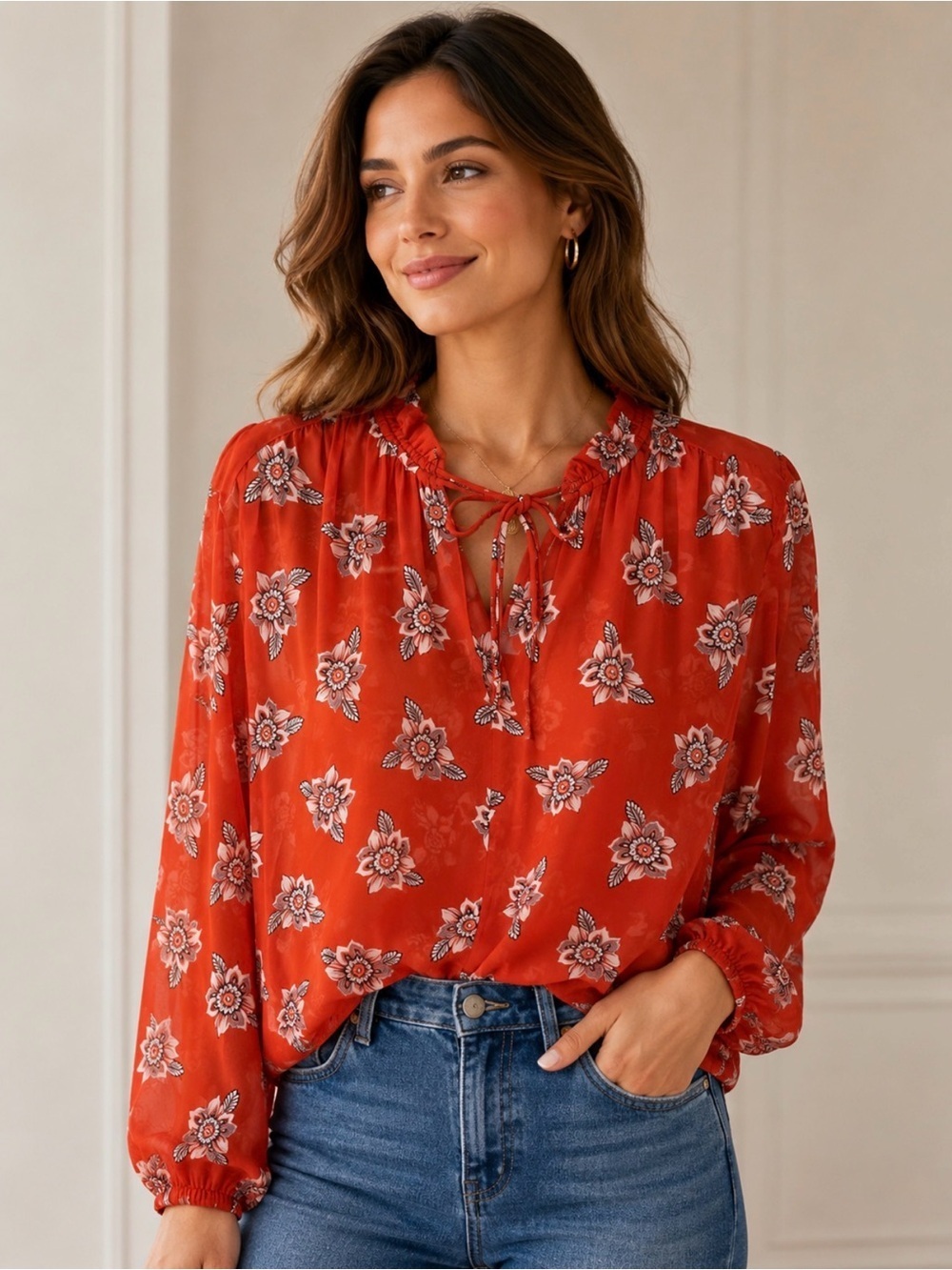 NEW Loft S orange lightweight floral peasant ruffle detail blouse shabby chic